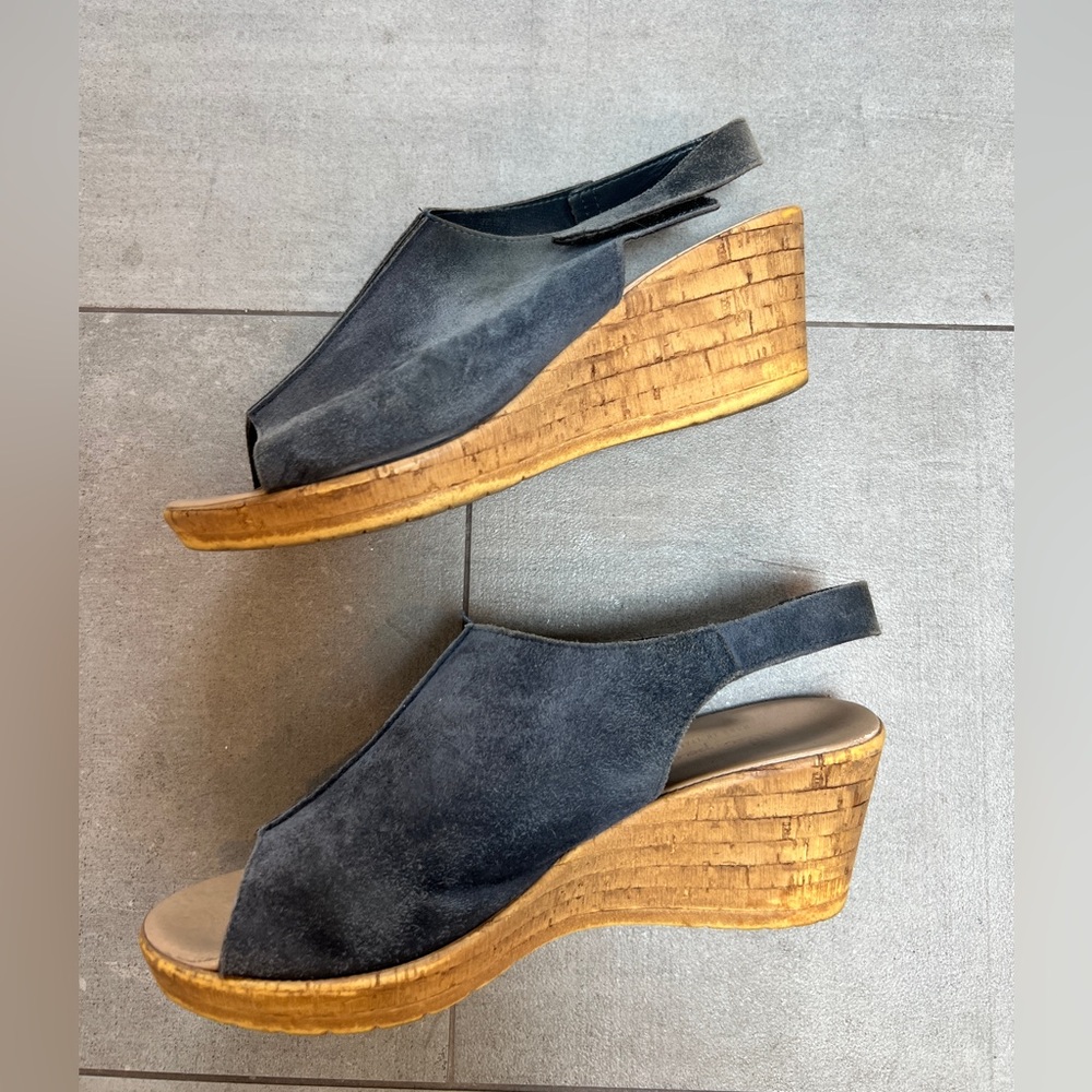 Mila Paoli Navy Suede Cork Wedge Slingback Sandals